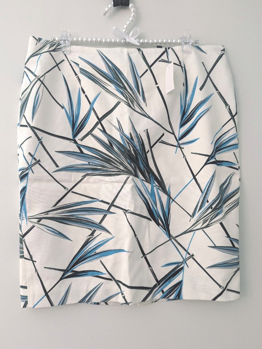 WHBM $89 Printed Palm Leaves Cream Blue Cotton Blend Textured Pencil Skirt 12